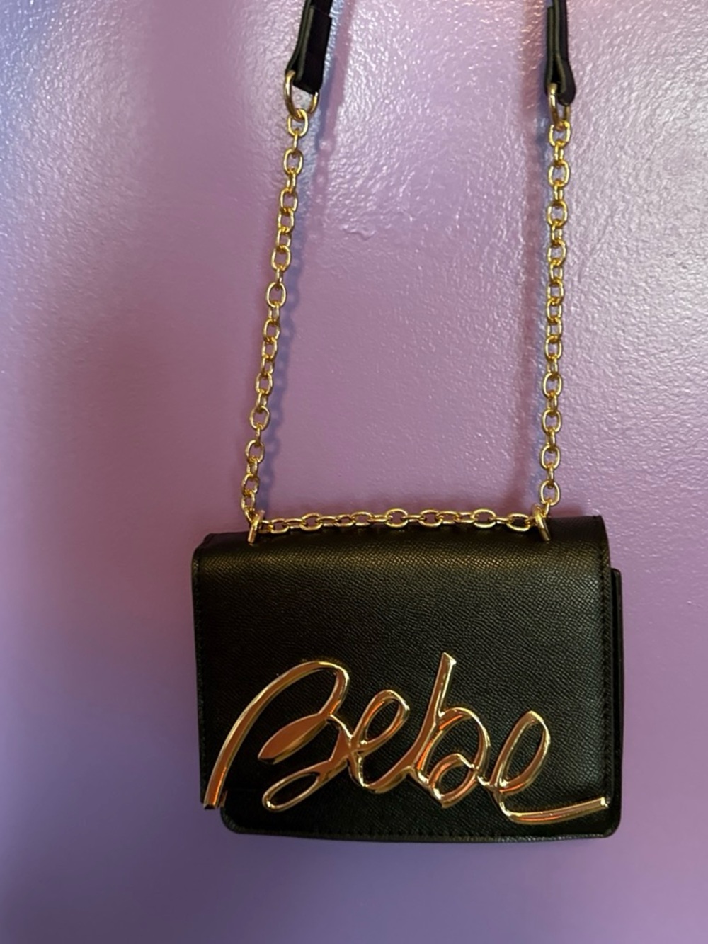 bebe Black Crossbody Bag with Gold Logo Script